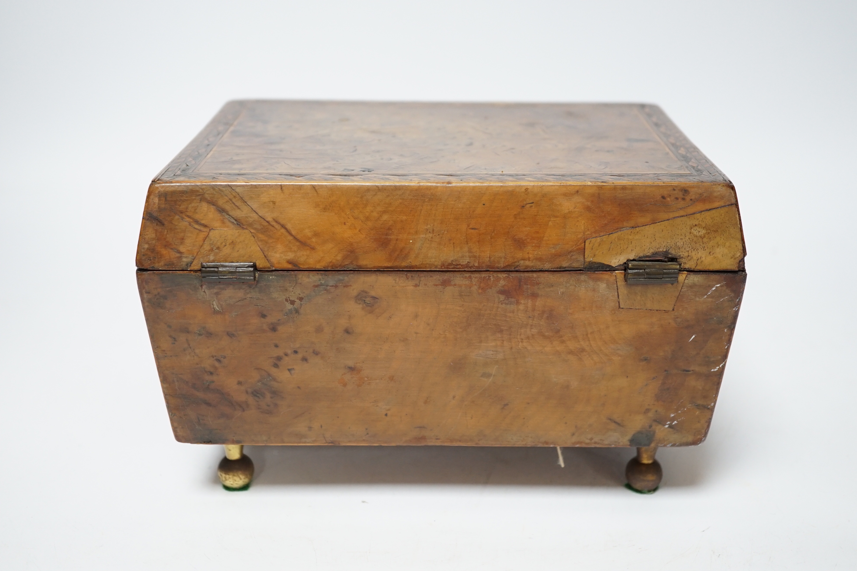 A Regency banded burr yew tea caddy, Ivory escutcheon, 20cm wide CITES Submission reference 4NYKHDBU